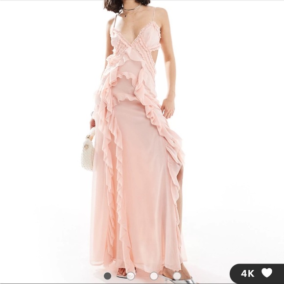 ASOS DESIGN ruffle detail cut-out cami maxi dress in pink - Picture 2 of 4